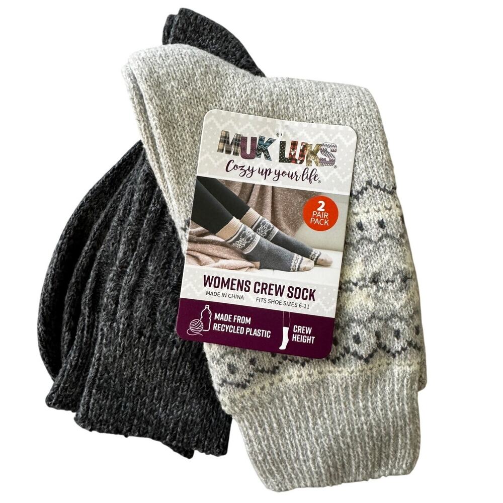 MUK LUK (2) pair Woman's Crew Socks Shoe Sz 6-11 New Giftable COZY